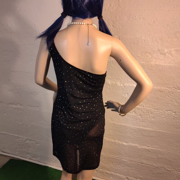 Shein Black One Shoulder Sheer Sequin Diamonds Over-lay Dress Bodysuit Size L - Picture 3 of 11